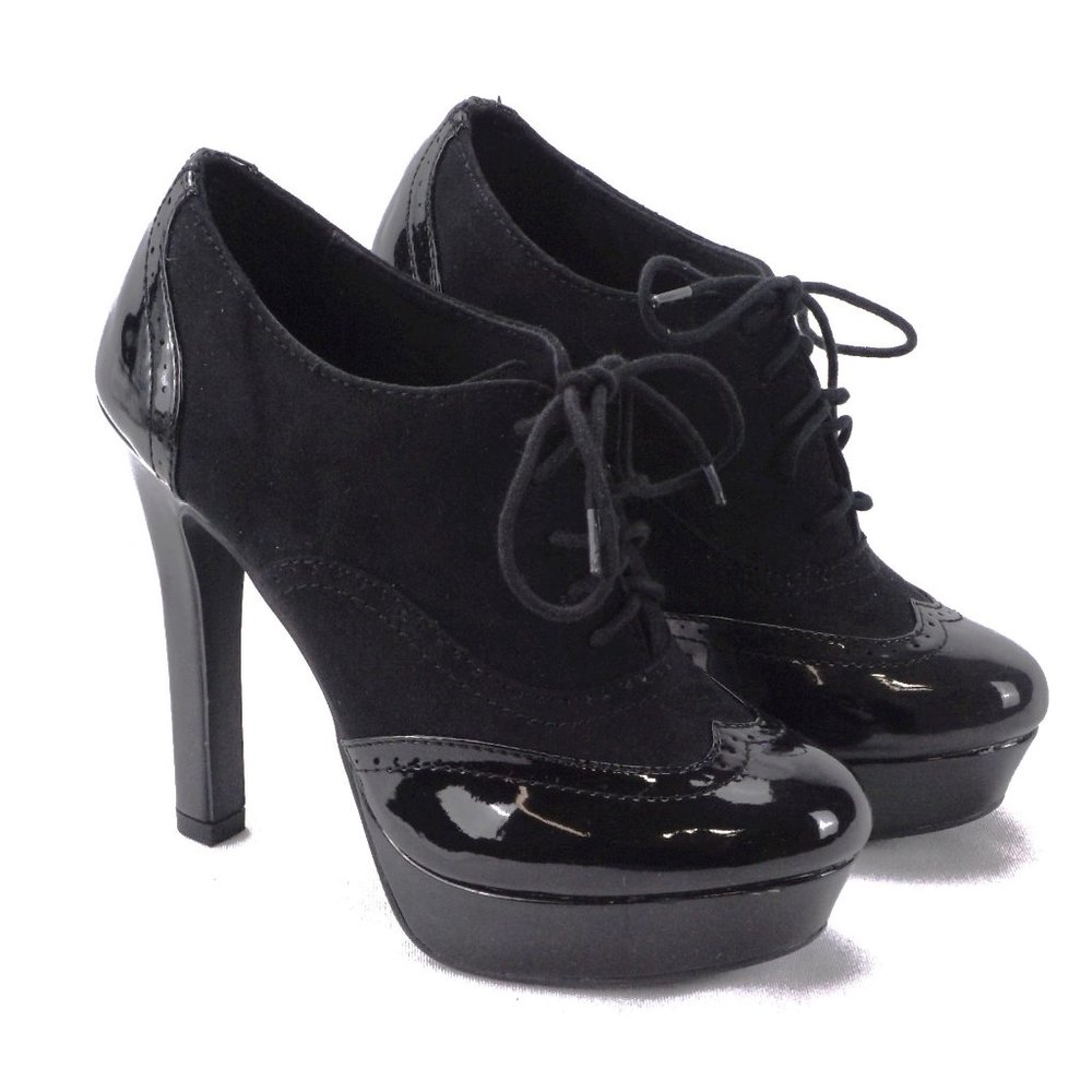 Lauren Conrad LC Hayes Black Lace Up Platform Pump Booties High Heels Brand New